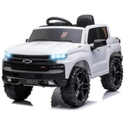 FUNTOK Licensed Chevrolet Silverado 12V Kids Electric Powered Ride on Car with Remote Control and Storage Trunk, White