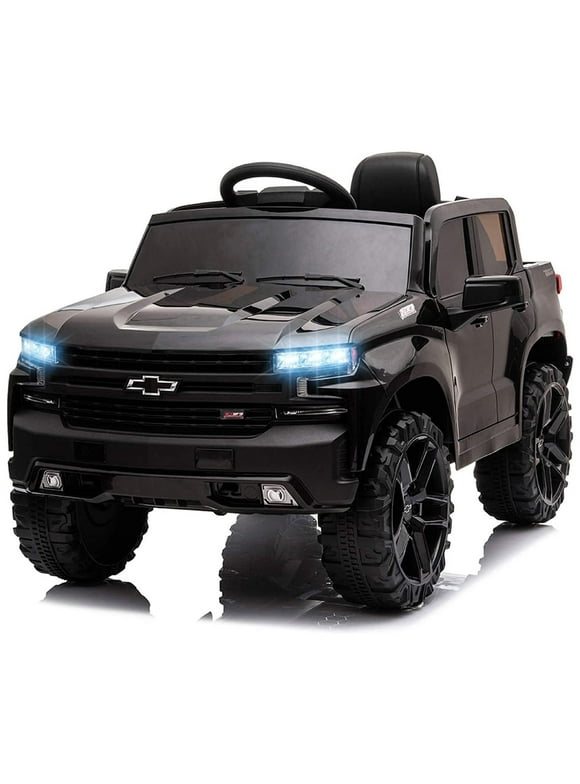 FUNTOK Licensed Chevrolet Silverado 12V Kids Electric Powered Ride on Toy Car with Remote Control & Music Player, Black