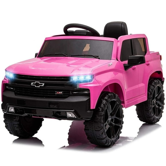 FUNTOK Licensed Chevrolet Silverado Kids Electric Ride on Toys,Battery Powered 12V Child Ride on Truck Car w/ Parent Remote Control and Storage Trunk, Pink