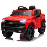 FUNTOK Licensed Chevrolet Silverado Kids Electric Ride on Toys,Battery Powered 12V Child Ride on Truck Car w/ Parent Remote Control and Storage Trunk, Red
