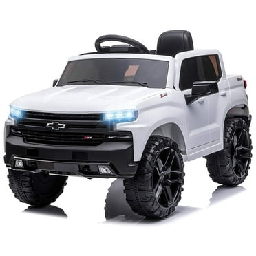 FUNTOK Licensed Chevrolet Silverado Kids Electric Ride on Toys,Battery Powered 12V Child Ride on Truck Car w/ Parent Remote Control and Storage Trunk, White