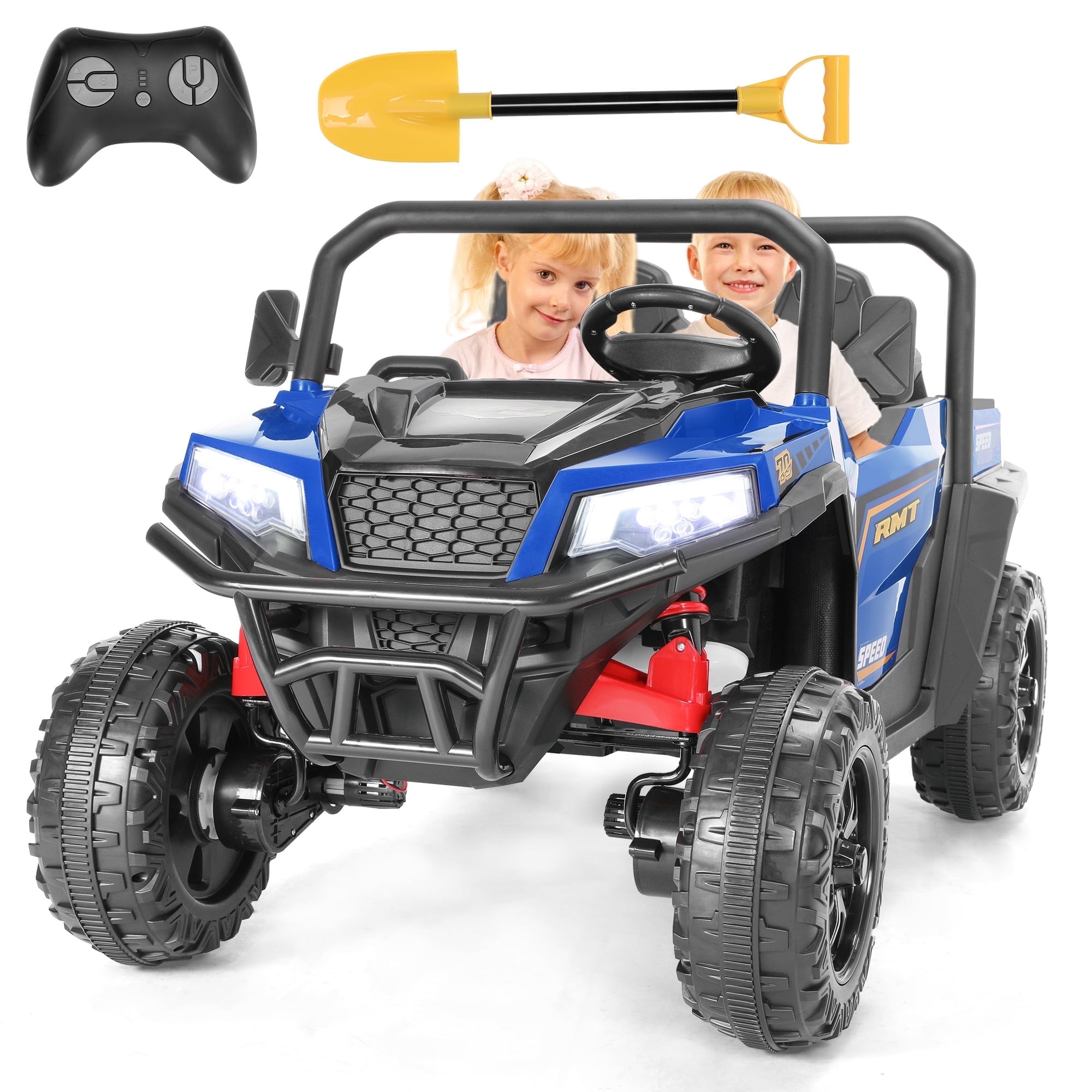 FUNTOK 24V 2 Seater Kids Electric Ride on Toys Car,4 x 200W Motor Battery Powered UTV,4WD Motorized Cars for Toddler w/ Dump Bed,Shovel,Remote Control,Bluetooth & 4 Wheel Suspension,Blue