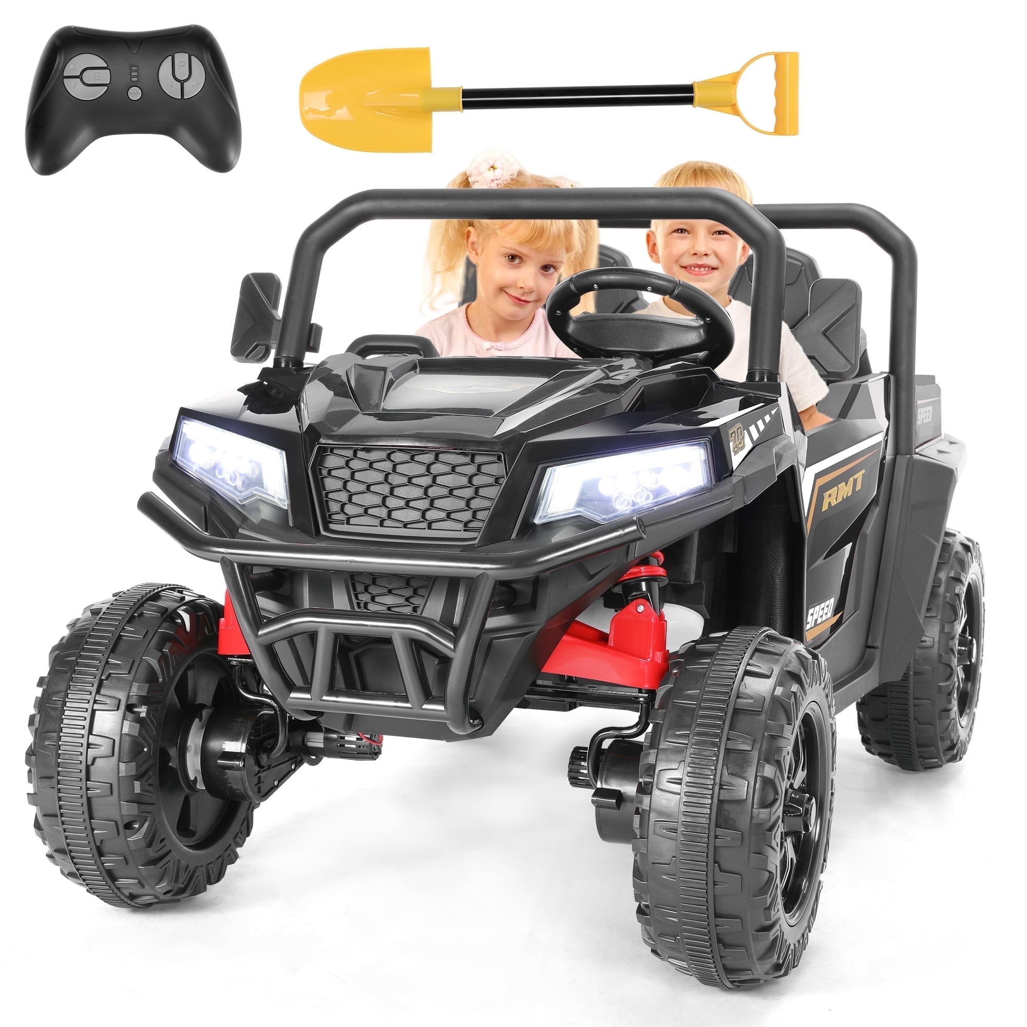 FUNTOK 24V 2 Seater Kids Electric Ride on Toys Car,4 x 200W Motor Battery Powered UTV,4WD Motorized Cars for Toddler w/ Dump Bed,Shovel,Remote Control,Bluetooth & 4 Wheel Suspension,Black