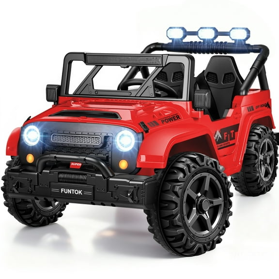 FUNTOK 24V 2 Seater Kids Ride on Toys w/ 20 " Large Seat, 4 x 200W Motor, 2WD/4WD Switchable Ride on Truck, 3 Speeds w/ Remote Control/LED Lights/Music/Bluetooth, Red