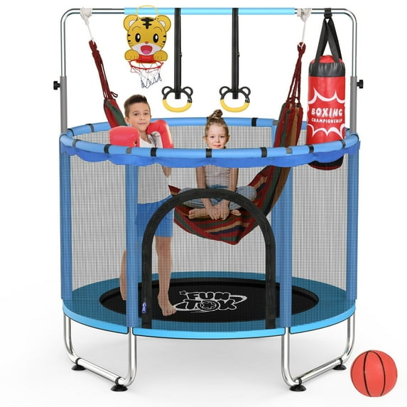 DOUXLIFE Trampoline for Kids w/ Swing 440LBS, 55" Mini Trampoline for Toddler Age 2-5, Adjustable Mini Indoor Small Trampoline w/ Net Basketball Hoop, Sandbag, Hanging Rings, Blue