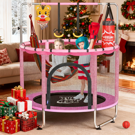 FUNTOK Trampoline for Kids w/ Swing 440LBS, 55" Mini Trampoline for Toddler Age 2-5, Adjustable Mini Indoor Small Trampoline w/ Net Basketball Hoop, Sandbag, Hanging Rings, Pink