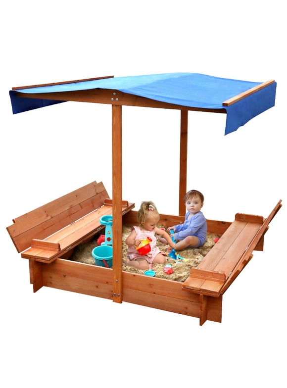 FUNTOK Wooden Sandbox with Cover, 48x48"Sand Boxes for Kids w/ 2 Foldable Bench Seats & UV-Resistant Canopy, Children Outdoor Sandbox w/ Lid for Backyard Lawn