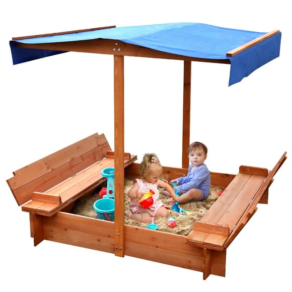 FUNTOK Wooden Sandbox with Cover, 48x48"Sand Boxes for Kids w/ 2 Foldable Bench Seats & UV-Resistant Canopy, Children Outdoor Sandbox w/ Lid for Backyard Lawn