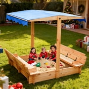 FUNTOK Wooden Sandbox with Cover & Canopy Adjustable in Angle, 48x48" Sand Box for Kids w/ 2 Foldable Bench Seats , Kid Outdoor Sandbox w/ Lid, Reinforced Structure for Backyard Lawn Beach