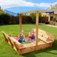 thumbnail image 1 of FUNTOK Wooden Sandbox with Cover & Canopy Adjustable in Angle, 48x48" Sand Box for Kids w/ 2 Foldable Bench Seats , Kid Outdoor Sandbox w/ Lid, Reinforced Structure for Backyard Lawn Beach, 1 of 10