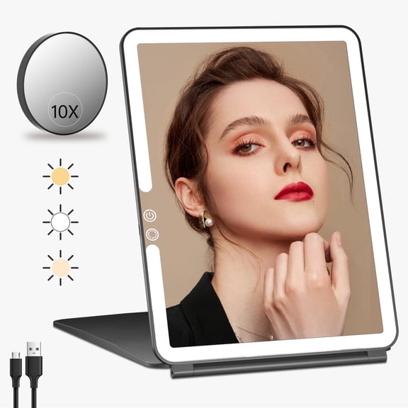 FUNTOUCH 10x7.5 Portable Large Travel Makeup Mirror with Light ,3 Color Lights, with 10X Magnification, Black.