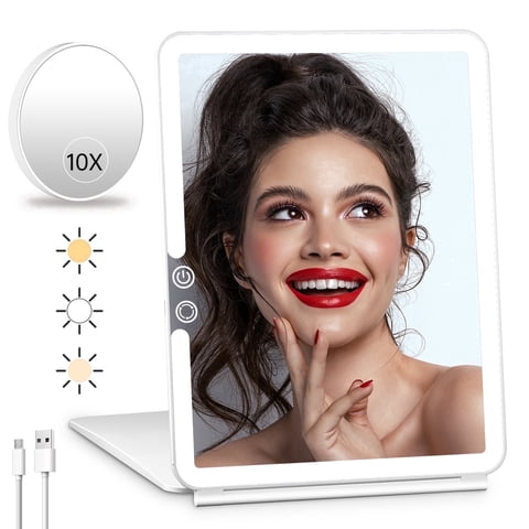 FUNTOUCH 10x7.5 Portable Large Travel Makeup Mirror with Light ,3 Color Lights, with 10X Magnification, White.