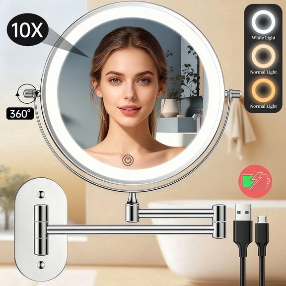 Funtouch Rechargeable Wall Mounted Makeup Mirror, Double Sided 1X/10X Magnifying Mirror with Dimmable 3 Color Light, Extended Swing Arm 360° Vanity Mirror,Silver
