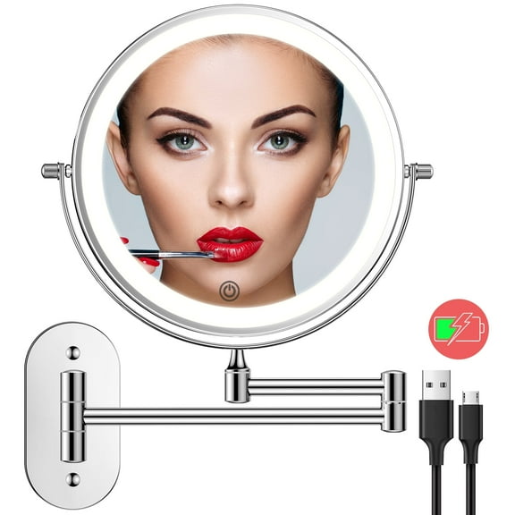 FUNTOUCH 307 Round Stainless Steel Wall-Mounted Makeup Mirror w/ 1X/10X Magnification, Silver