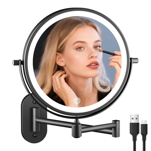 Funtouch Rechargeable Wall Mounted Makeup Mirror, Double Sided 1X/10X Magnifying Mirror with Dimmable 3 Color Light, Extended Swing Arm 360° Vanity Mirror,Black