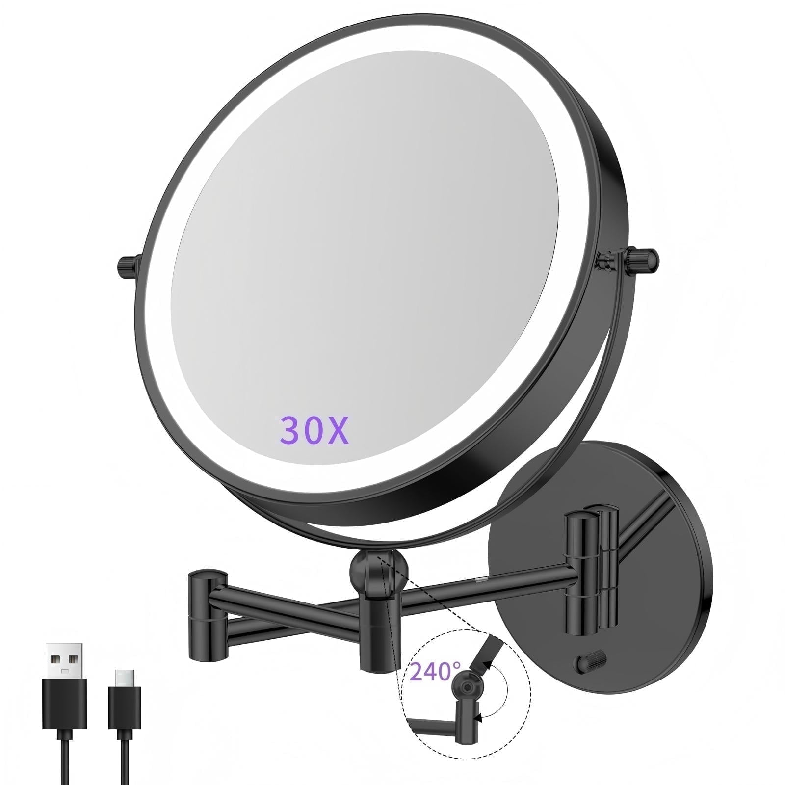 FUNTOUCH 9-inch 5000mAh Rechargeable Makeup Mirror with 1X/30X Magnification, Dimmable Razor Mirror in 3 Colors, Adjustable Height Makeup Mirror, 360° Rotatable, Wall Mirror for Bathroom and Hotel