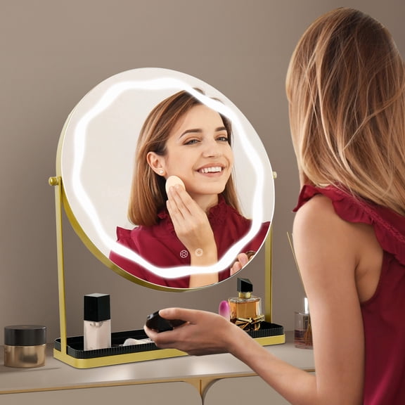 Funtouch 16" Diameter Round Makeup Mirror with Lighted Table Mount, Tabletop Makeup Mirror with StorageGold