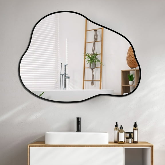 Funtouch Irregular Wall Mirrors 24"x 32" Cloud Shaped Mirrors for Bathroom, Aluminum Alloy Frame Black