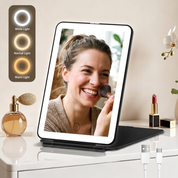 Funtouch Lighted Travel Mirror, 3 Color Makeup Mirror, Portable Vanity Mirror, Rechargeable Folding Cosmetic Mirror