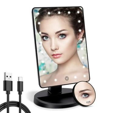 Funtouch Lighted Makeup Vanity Mirror, 10.6"L x 6.5"W, Magnifying, ABS Plastic, with 10X Magnification, Portable, Black