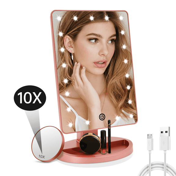 Funtouch Lighted Makeup Mirror, Adjustable Vanity Mirror with 10X Magnify Mirror 180-Degree Rotation, Rose Gold