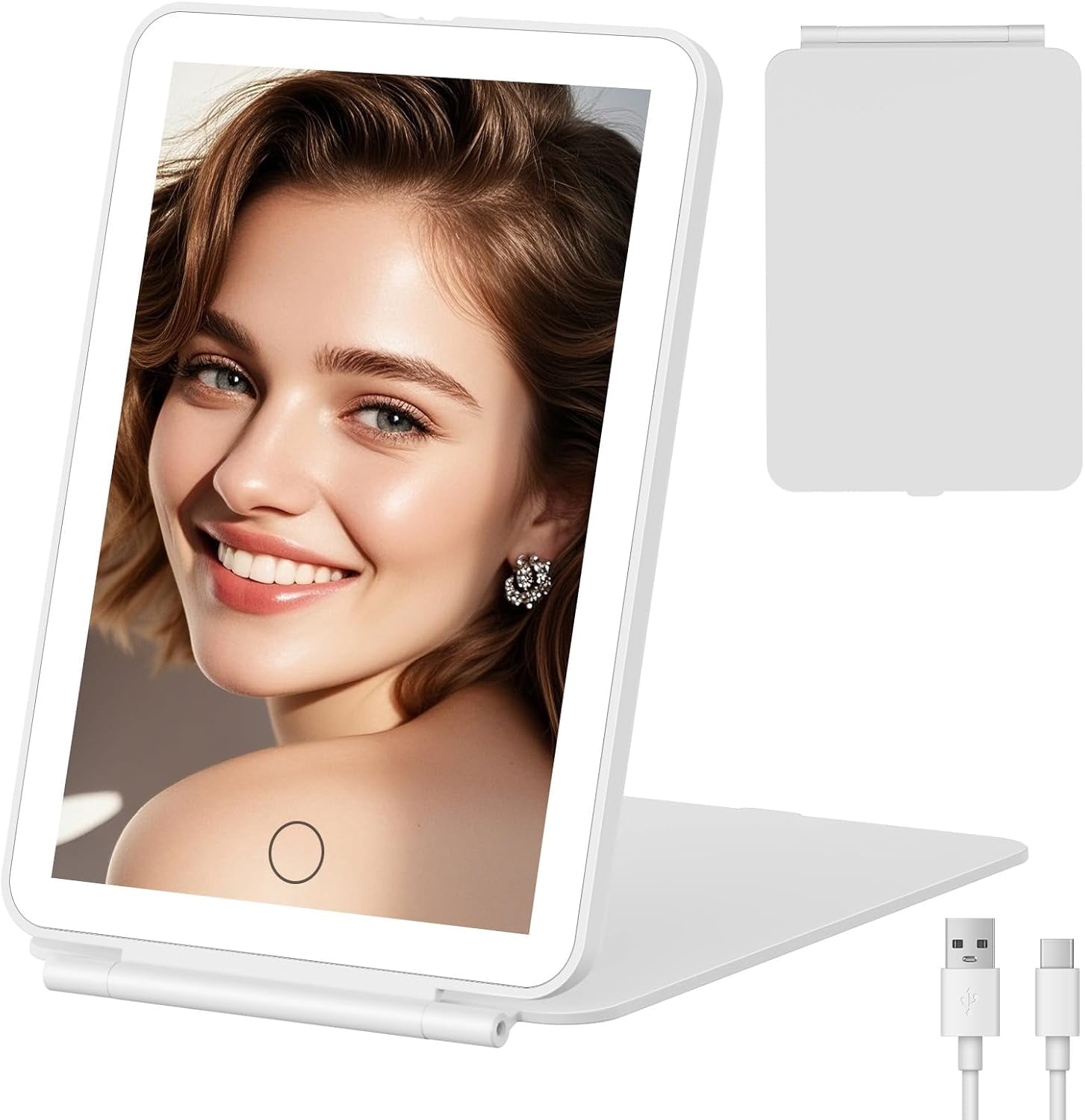 FUNTOUCH Lighted Travel Mirror, 3 Color Makeup Mirror, Portable Vanity Mirror, Rechargeable Folding Cosmetic Mirror