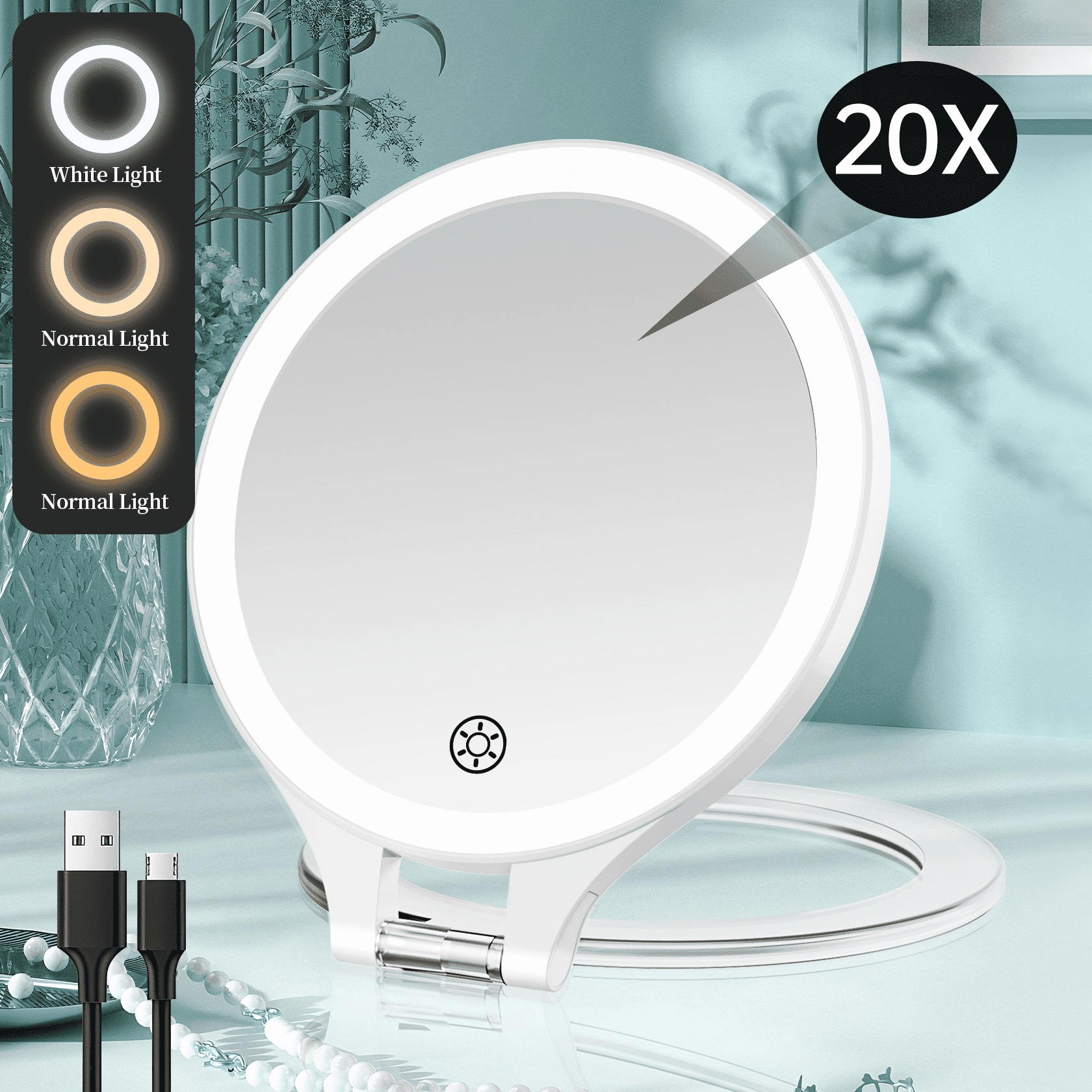 FUNTOUCH Light Magnify Mirrors 20X 1X Double Sided Magnification Vanity Mirror Rechargeable Makeup Mirror with 3 Color Setting Adjustable Rotation LED Vanity Desk Mirror