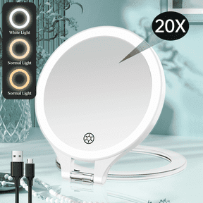 Funtouch Travel Makeup Mirror with Light, 1X/20X Magnifying with 3 Light Settings & Adjustable Brightness,Rechargeable Folding Compact Double Sides Mirror, White