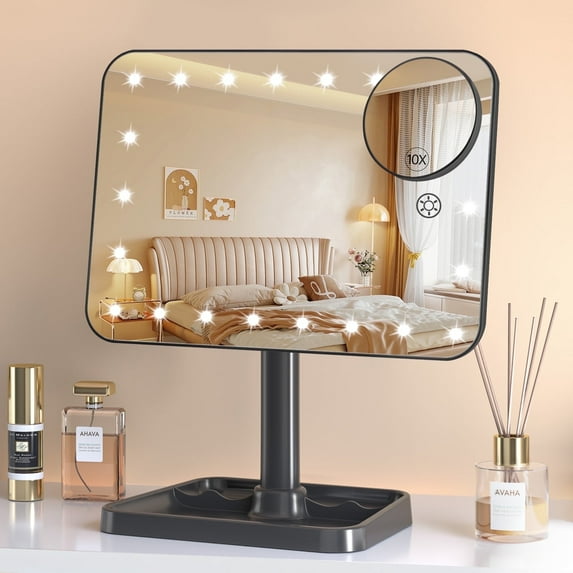 Funtouch 9" x 6.5" Lighted Makeup Mirror with 1X / 10X Magnification, Dimming Touch Sensor, Portable Travel, Black