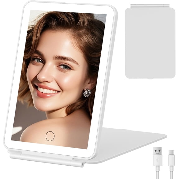 FUNTOUCH Lighted Travel Mirror, 3 Color Makeup Mirror, Portable Vanity Mirror, Rechargeable Folding Cosmetic Mirror