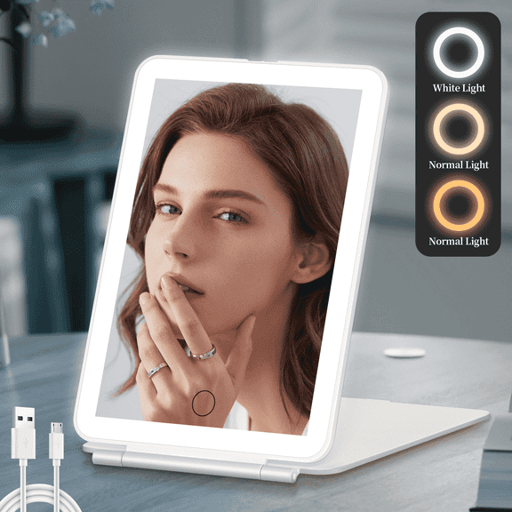 FUNTOUCH Lighted Travel Mirror, 3 Color Makeup Mirror, Portable Vanity Mirror, Rechargeable Folding Cosmetic Mirror