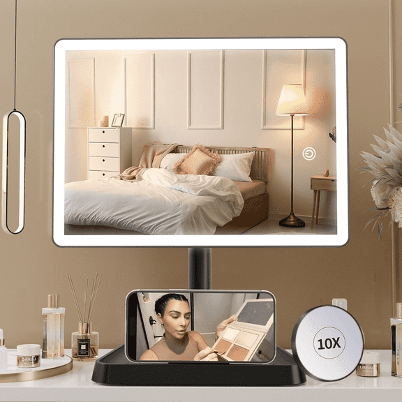 Funtouch Rechargeable Makeup Vanity Mirror, 11“*7.8 ”Large Lighted Desk Makeup Mirror with 96 LED Lights and 10x Magnifying Mirror, 3 Color Lighting, Light up Make up Mirror with Phone Holder, Black