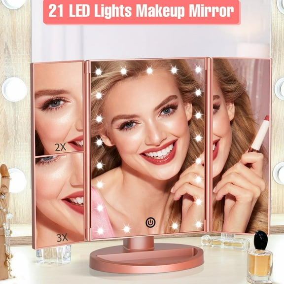 Funtouch Tri-Fold Makeup Mirror with Lights, 2X/3X Magnifying Makeup Mirror, Touch Control Vanity Mirror, USB/Battery Powered Table Mirrors