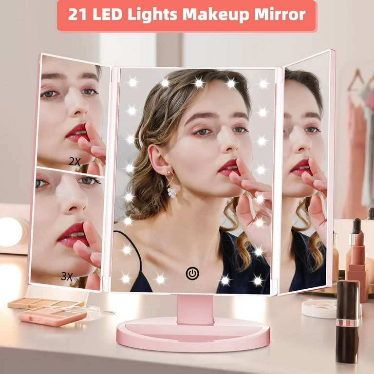 Funtouch Tri-Fold Lighted Vanity Mirror, 21 Dimmable LEDs, 1X 2X
