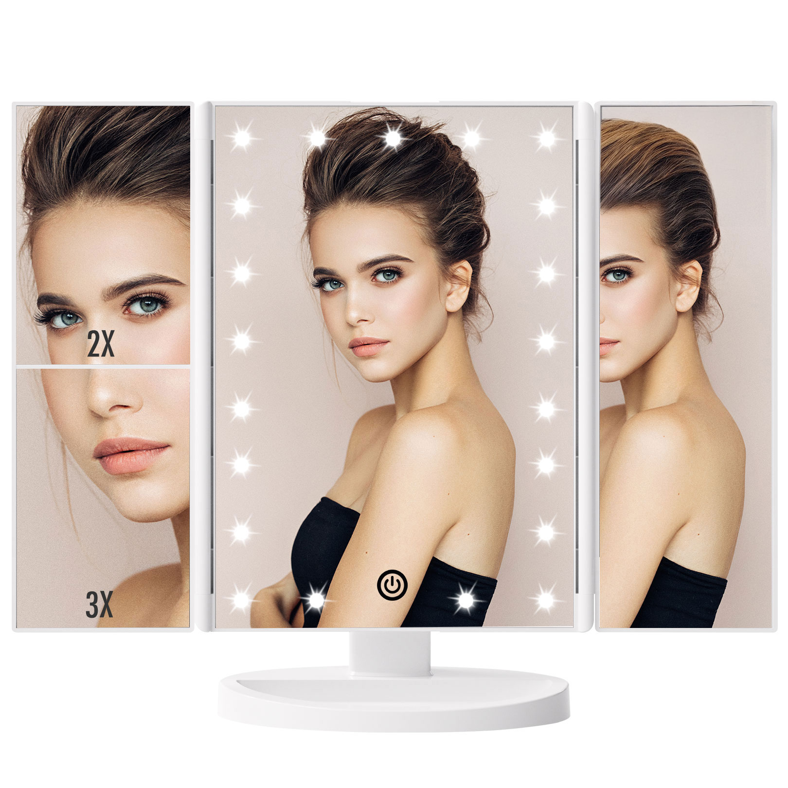 Funtouch Tri-Fold Makeup Mirror with Lights, 2X/3X Magnifying Makeup Mirror, Touch Control Vanity Mirror, USB/Battery Powered Table Mirrors