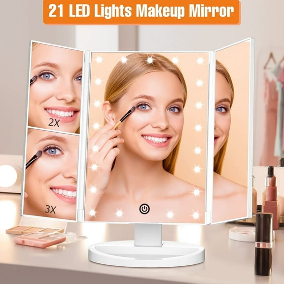 Funtouch Tri-Fold Makeup Mirror with Lights, 2X/3X Magnifying Makeup Mirror, Touch Control Vanity Mirror, USB/Battery Powered Table Mirrors