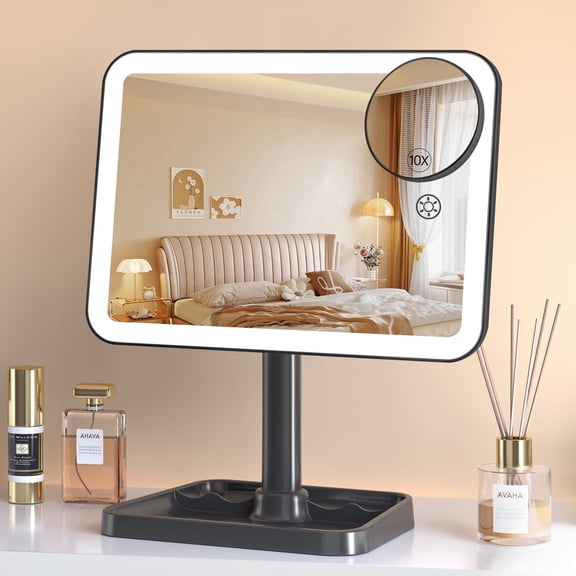 FUNTOUCH Vanity Mirror with Lights, Rechargeable 10X Magnification 3 Color Lighting Portable Tabletop Cosmetic Make Up Mirror, 360° Rotation Led Light up Mirrors with Storage,Black
