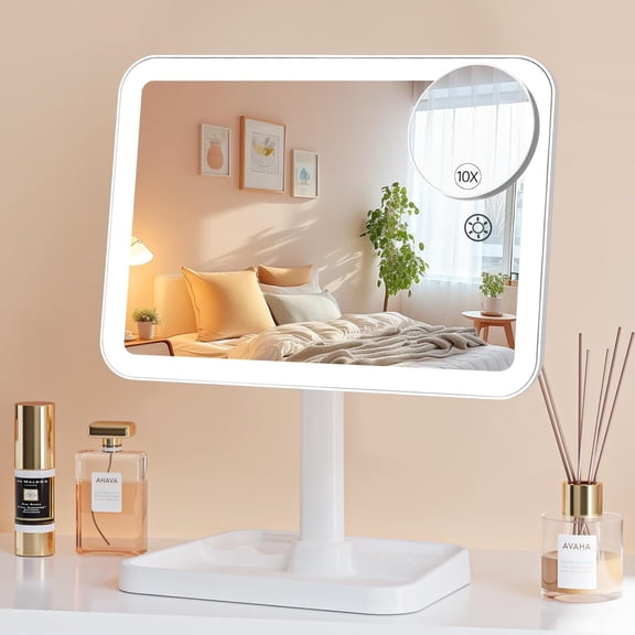 FUNTOUCH Vanity Mirror with Lights, Rechargeable 10X Magnification 3 Color Lighting Portable Tabletop Cosmetic Make Up Mirror, 360° Rotation Led Light up Mirrors with Storage,White