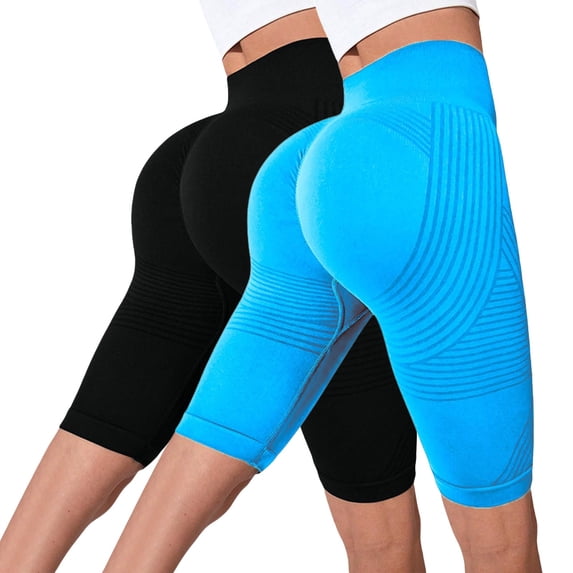 FUNUONY 2 Pack Bermuda Shorts for Women Knee Length Women's High Waisted Stretch Long Shorts Walking Casual Yoga Short Hip Lifting Fitness Pants Compression Tight Fit Yoga Shorts Sky Blue S