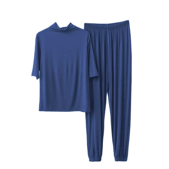 FUNUONY 2 Piece Sets for Women Lounge Set Women Large Size Home Clothing Two Piece Suit Half High Neck Five Point Sleeve Pants Blue Xl