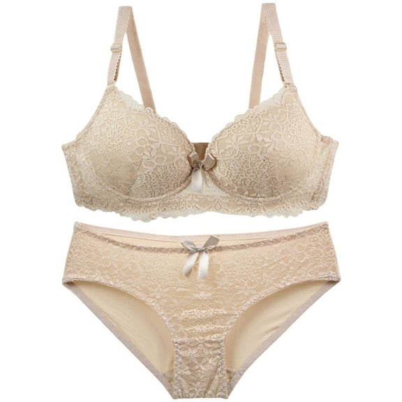 FUNUONY 2 Piece Underwear Set for Women Bras and Regular Fit Comfort Padded Bra and Panty Wireless Bralette Push Up Bra and Panty Sets for Women Underwear Sets for Women Full Coverage Bra Beige 100B