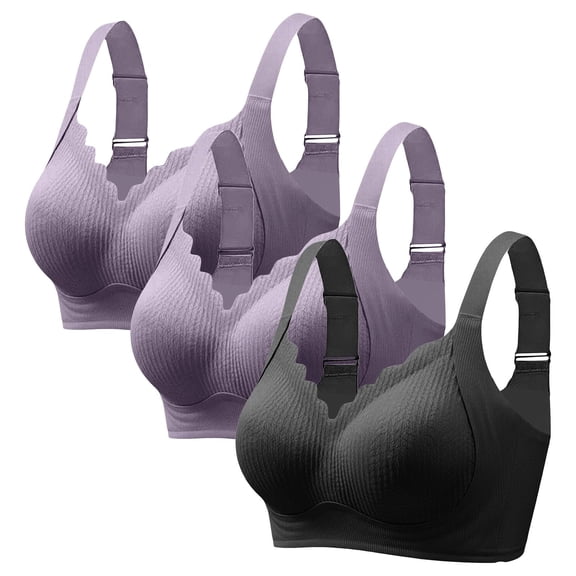FUNUONY 3Pcs Wireless Bras for Women No Underwire Full Coverage Adjustable Comfort Ribbed Supportive Bra Push Up Bralettes Underwear,Seamless Bras V Neck Soft Support Comfortable Bra