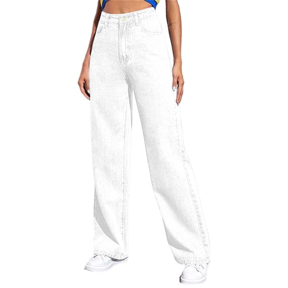 FUNUONY Baggy Jeans for Women,High Waisted Wide Leg Vintage Jeans,Women Loose Straight Floor-Length Denim Pants with Pockets,Solid Washed cotton Casual Streetwear Trousers White M