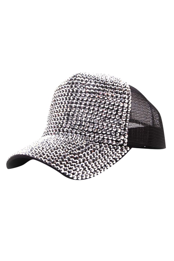 Baseball Cap Bling Rhinestone Mesh Trucker Hat,Breathable Mesh Back Adjustable Snap Sun Cap,Sparkly Crystal Studded Ponytail Dad Hat for Women Sports driving Silver One size