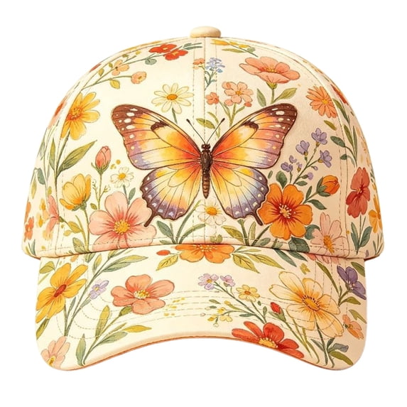 FUNUONY Baseball Caps for Women Men Unisex Floral Butterfly Printed Dad Hat,Adjustable Snapback Sport Trucker Cap with Sweatband,Daily Sports Trips Casual Fashion Sun Hats Orange One Size