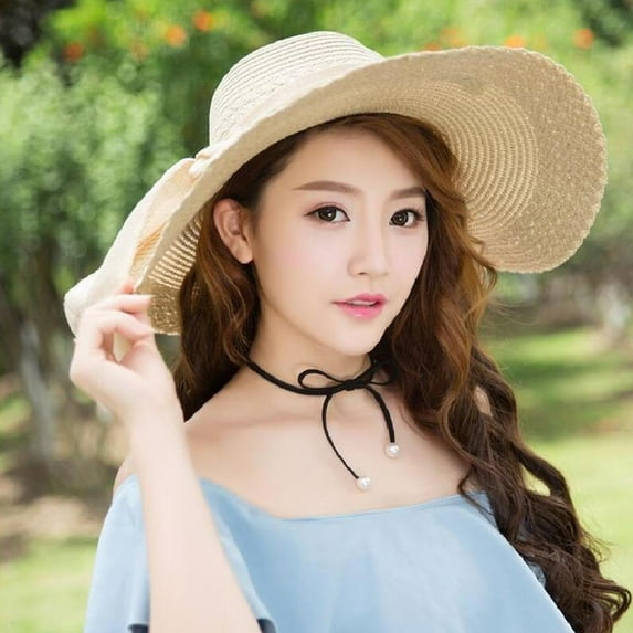 FUNUONY Beach Hats for Women, Straw Sun Hat with Wide Brim, Summer Floppy Beach Hats for Women, Upf 50+ Packable Floppy Straw Garden Hat Brim Beach Wide Hat Sun Colorful Floppy Cap Caps Beige