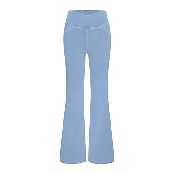 FUNUONY Bell Bottom Jeans for Women High Waisted Stretchy Flare Jeans Pull On Wide Leg Jeans V Cross Tummy Control Flare Pants Summer Pants for Women Flare Jeans for Women Jeggings for Women