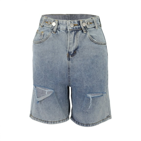 FUNUONY Bermuda Jean Shorts for Women High Waisted Trendy Destroyed Denim Shorts Knee Length Cutoff Loose Fit Long Shorts Loose Slim Straight Hole Denim Shorts Plus Size Five Pants Light Blue Xl