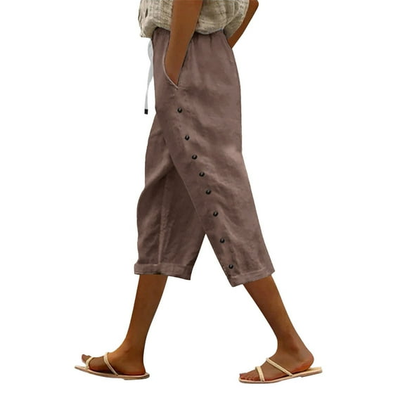 FUNUONY Cotton Linen Pants for Women Loose Fit 2025 New Women's Fashion Solid Color Cotton Linen Elastic Seven Pants Beach Casual Pants Linen Coffee S