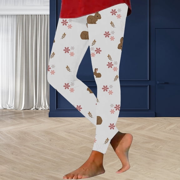FUNUONY Easter Leggings for Women Workout Tights Yoga Pants High Waist Soft Stretch Tummy Control Cute Rabbit Eggs Graphic Trousers Easter Bunny Egg Printed Slimming Yoga Pants White L